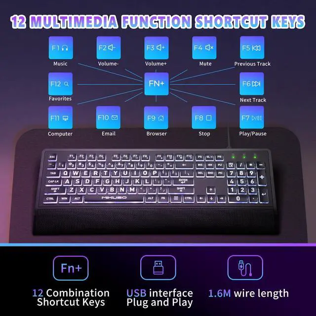 Alt view image 7 of 7 - MIKUSO Large Print Backlit Computer Keyboards with Cover, Wired Keyboard White LED Illuminated, Wrist Rest,Numeric Keypad,Big Key USB Corded 104 Full Size.Easy to Read Type for Laptop, PC, Desktop
