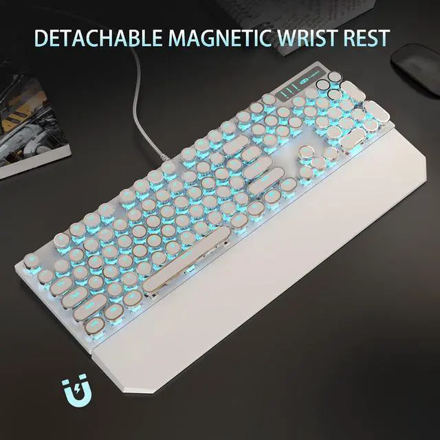Alt view image 6 of 7 - Camiysn Typewriter Style Mechanical Gaming Keyboard, White Retro Punk Gaming Keyboard with Blue Backlit, 104 Keys Blue Switch Wired Cute Keyboards, Round Keycaps for Windows/Mac/PC