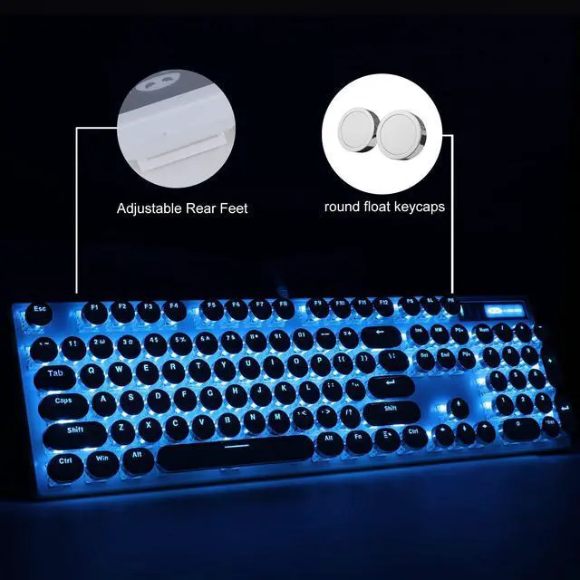 Alt view image 4 of 7 - Camiysn Typewriter Style Mechanical Gaming Keyboard, White Retro Punk Gaming Keyboard with Blue Backlit, 104 Keys Blue Switch Wired Cute Keyboards, Round Keycaps for Windows/Mac/PC