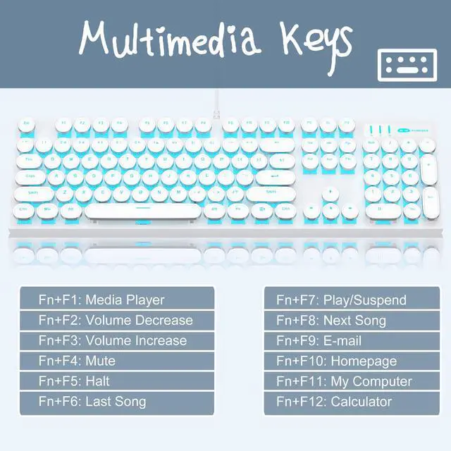 Alt view image 5 of 7 - Camiysn Typewriter Style Mechanical Gaming Keyboard, White Retro Punk Gaming Keyboard with Blue Backlit, 104 Keys Blue Switch Wired Cute Keyboards, Round Keycaps for Windows/Mac/PC