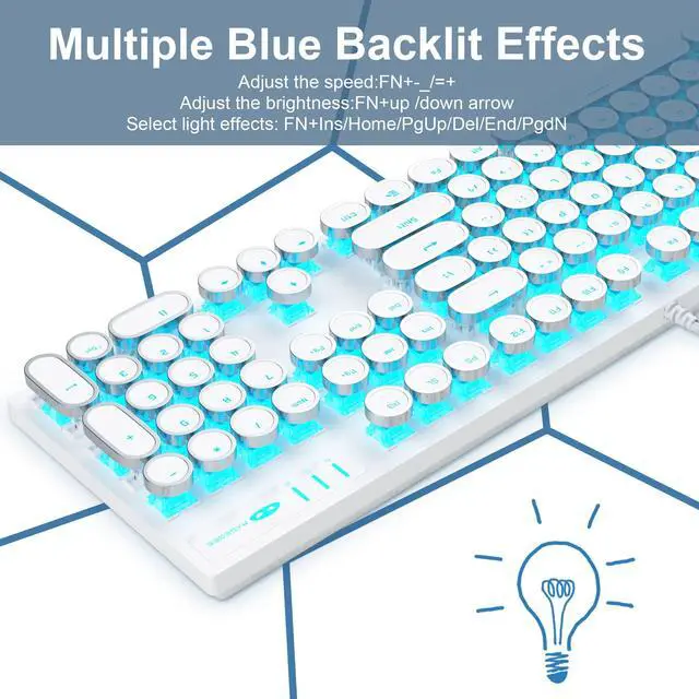 Alt view image 2 of 7 - Camiysn Typewriter Style Mechanical Gaming Keyboard, White Retro Punk Gaming Keyboard with Blue Backlit, 104 Keys Blue Switch Wired Cute Keyboards, Round Keycaps for Windows/Mac/PC
