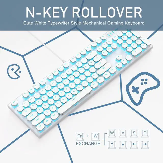 Alt view image 3 of 7 - Camiysn Typewriter Style Mechanical Gaming Keyboard, White Retro Punk Gaming Keyboard with Blue Backlit, 104 Keys Blue Switch Wired Cute Keyboards, Round Keycaps for Windows/Mac/PC