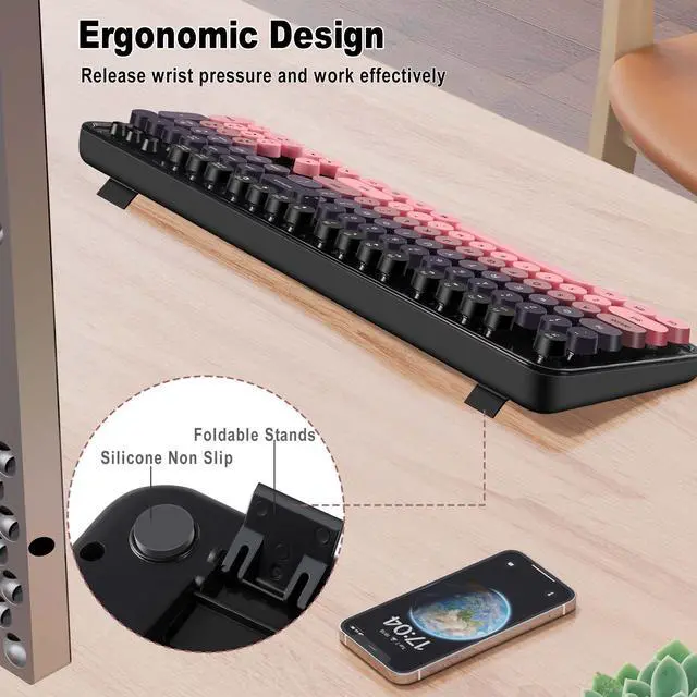 Alt view image 3 of 7 - Kootop Wireless Keyboard and Mouse Combo, Cute Colorful 104 Keys Typewriter Retro Round Keycaps Keyboard for PC Laptop,Desktop,Windows, Home and Office Keyboards(Black Pink)