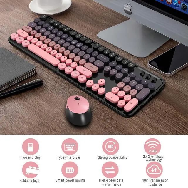 Alt view image 4 of 7 - Kootop Wireless Keyboard and Mouse Combo, Cute Colorful 104 Keys Typewriter Retro Round Keycaps Keyboard for PC Laptop,Desktop,Windows, Home and Office Keyboards(Black Pink)