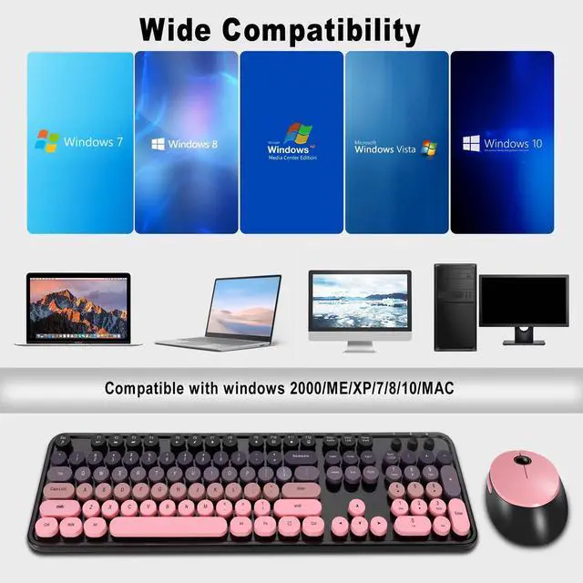 Alt view image 5 of 7 - Kootop Wireless Keyboard and Mouse Combo, Cute Colorful 104 Keys Typewriter Retro Round Keycaps Keyboard for PC Laptop,Desktop,Windows, Home and Office Keyboards(Black Pink)