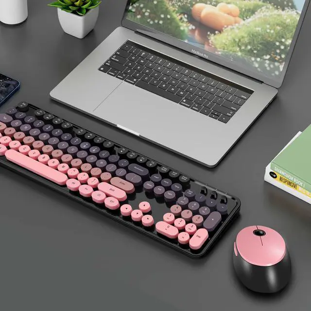 Alt view image 7 of 7 - Kootop Wireless Keyboard and Mouse Combo, Cute Colorful 104 Keys Typewriter Retro Round Keycaps Keyboard for PC Laptop,Desktop,Windows, Home and Office Keyboards(Black Pink)