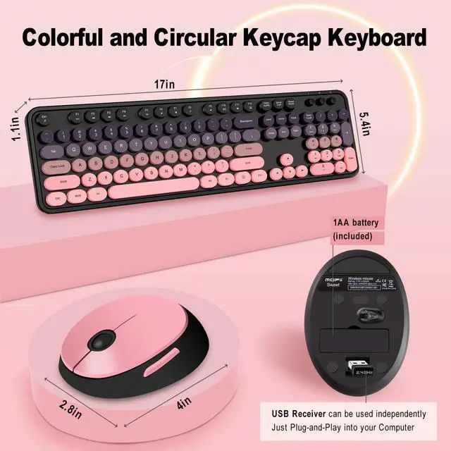 Alt view image 6 of 7 - Kootop Wireless Keyboard and Mouse Combo, Cute Colorful 104 Keys Typewriter Retro Round Keycaps Keyboard for PC Laptop,Desktop,Windows, Home and Office Keyboards(Black Pink)