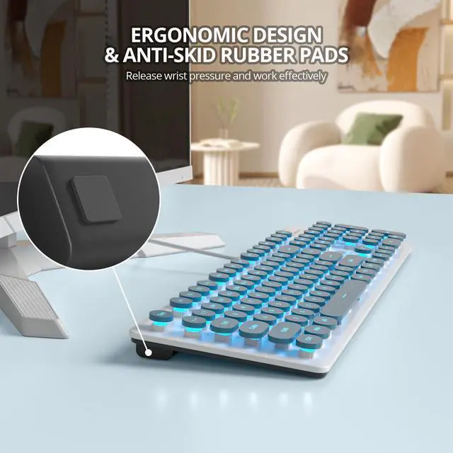 Alt view image 4 of 7 - iRoboosta Retro Typewriter Blue Keyboard Full Size, 104 Keys LED Backlit Wired Membrane Keyboard with Number Pad, Ultra Slim Quiet Home/Office Computer Keyboard for PC, Laptop, Desktop (Blue)