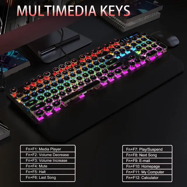 Alt view image 5 of 7 - Camiysn Typewriter Style Mechanical Gaming Keyboard, Black Retro Punk Gaming Keyboard with RGB Backlit, 104 Keys Blue Switch Wired Cute Keyboards, Round Keycaps for Windows/Mac/PC