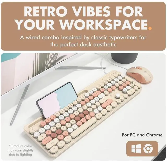 Alt view image 5 of 7 - X9 Wired Keyboard and Mouse Combo - Backlit Keyboard with Round Keycaps, 109 Silent Fullsize Keys with Phone/Tablet Dock, Backlit Pastel Colorful Keyboard for Laptop, PC, Chrome - Brown
