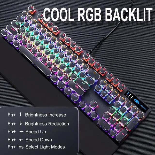 Alt view image 3 of 7 - Camiysn Typewriter Style Mechanical Gaming Keyboard, Black Retro Punk Gaming Keyboard with RGB Backlit, 104 Keys Blue Switch Wired Cute Keyboards, Round Keycaps for Windows/Mac/PC