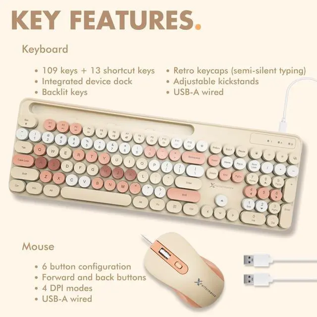 Alt view image 7 of 7 - X9 Wired Keyboard and Mouse Combo - Backlit Keyboard with Round Keycaps, 109 Silent Fullsize Keys with Phone/Tablet Dock, Backlit Pastel Colorful Keyboard for Laptop, PC, Chrome - Brown