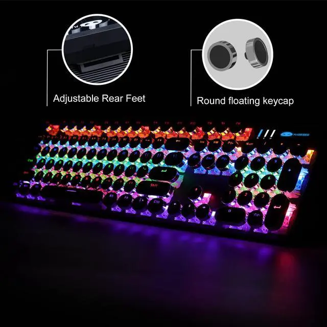 Alt view image 6 of 7 - Camiysn Typewriter Style Mechanical Gaming Keyboard, Black Retro Punk Gaming Keyboard with RGB Backlit, 104 Keys Blue Switch Wired Cute Keyboards, Round Keycaps for Windows/Mac/PC