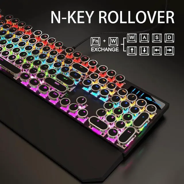 Alt view image 2 of 7 - Camiysn Typewriter Style Mechanical Gaming Keyboard, Black Retro Punk Gaming Keyboard with RGB Backlit, 104 Keys Blue Switch Wired Cute Keyboards, Round Keycaps for Windows/Mac/PC