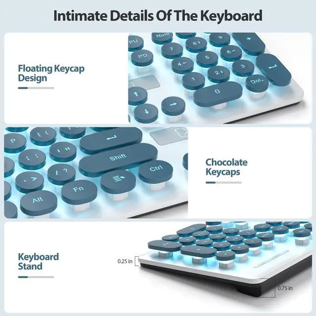 Alt view image 4 of 6 - surmen Cute Quiet Keyboard Blue Wired Typewriter Keyboard, Light Up Backlit PC Keyboards with Retro Round Keys Full Size 104 Keys for Office Computer (Blue)