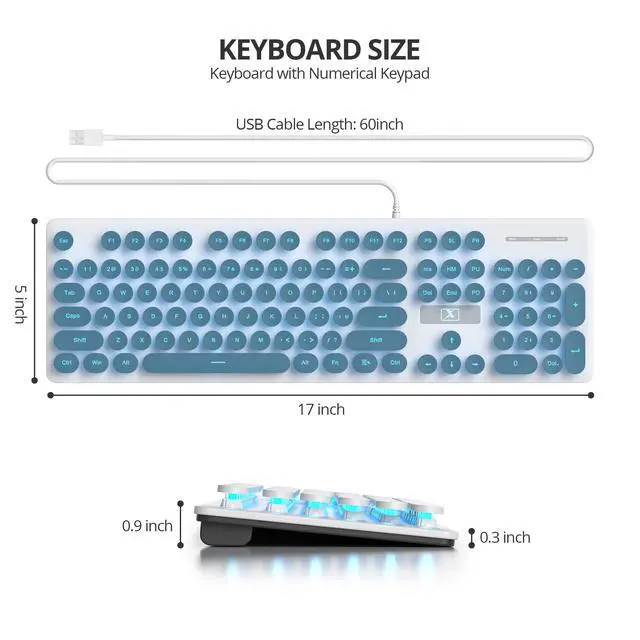 Alt view image 5 of 6 - surmen Cute Quiet Keyboard Blue Wired Typewriter Keyboard, Light Up Backlit PC Keyboards with Retro Round Keys Full Size 104 Keys for Office Computer (Blue)