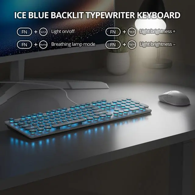 Alt view image 2 of 6 - surmen Cute Quiet Keyboard Blue Wired Typewriter Keyboard, Light Up Backlit PC Keyboards with Retro Round Keys Full Size 104 Keys for Office Computer (Blue)