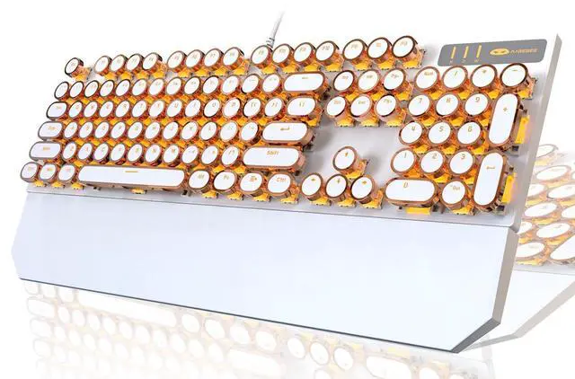 Main image of Typewriter Style Mechanical Keyboard, Retro Punk Gaming Keyboard with Gold LED Backlit, Cute Wired Keyboards,104 Keys Full Size Keyboards, Uique Round Keycaps for Windows/Mac/PC(White&Gold)