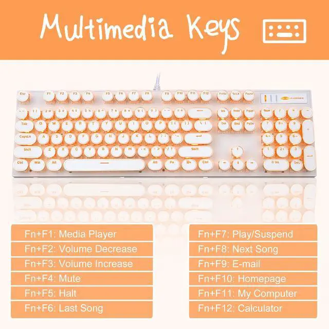 Alt view image 2 of 7 - Typewriter Style Mechanical Keyboard, Retro Punk Gaming Keyboard with Gold LED Backlit, Cute Wired Keyboards,104 Keys Full Size Keyboards, Uique Round Keycaps for Windows/Mac/PC(White&Gold)