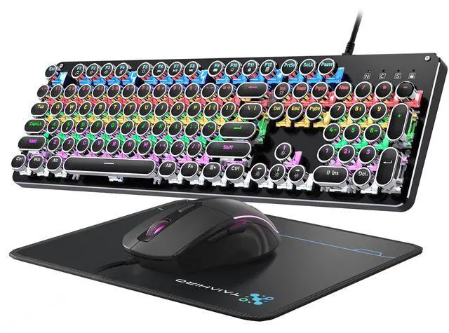 Main image of Typewriter Mechanical Gaming Keyboard and Mouse, 104-Key Full Size Retro Keyboards Metal Panel Punk Round Keycap Clicky Blue Switch with RGB Backlit Mouse and Pad Combo for PC Laptop Mac Gamer, Black