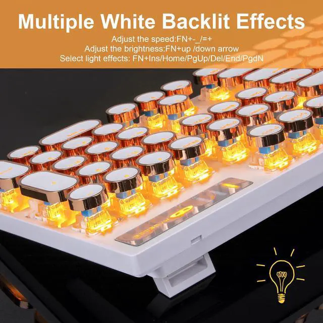 Alt view image 4 of 7 - Typewriter Style Mechanical Keyboard, Retro Punk Gaming Keyboard with Gold LED Backlit, Cute Wired Keyboards,104 Keys Full Size Keyboards, Uique Round Keycaps for Windows/Mac/PC(White&Gold)