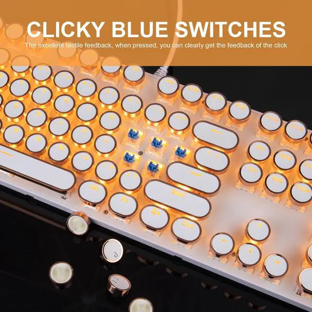 Alt view image 5 of 7 - Typewriter Style Mechanical Keyboard, Retro Punk Gaming Keyboard with Gold LED Backlit, Cute Wired Keyboards,104 Keys Full Size Keyboards, Uique Round Keycaps for Windows/Mac/PC(White&Gold)