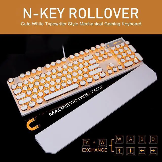 Alt view image 6 of 7 - Typewriter Style Mechanical Keyboard, Retro Punk Gaming Keyboard with Gold LED Backlit, Cute Wired Keyboards,104 Keys Full Size Keyboards, Uique Round Keycaps for Windows/Mac/PC(White&Gold)