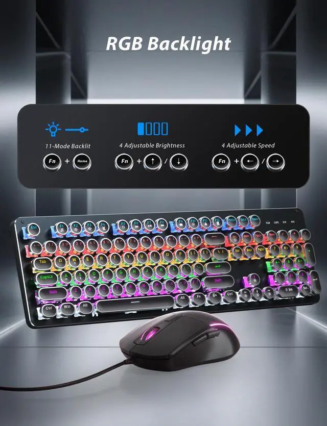 Alt view image 5 of 7 - Typewriter Mechanical Gaming Keyboard and Mouse, 104-Key Full Size Retro Keyboards Metal Panel Punk Round Keycap Clicky Blue Switch with RGB Backlit Mouse and Pad Combo for PC Laptop Mac Gamer, Black