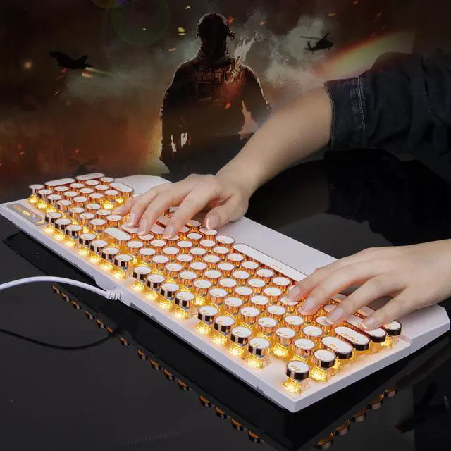 Alt view image 7 of 7 - Typewriter Style Mechanical Keyboard, Retro Punk Gaming Keyboard with Gold LED Backlit, Cute Wired Keyboards,104 Keys Full Size Keyboards, Uique Round Keycaps for Windows/Mac/PC(White&Gold)