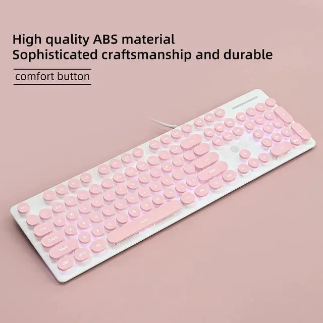 Alt view image 6 of 6 - Wired Quiet Membrane Keyboard,Full Size 104-Keys Retro Punk Typewriter White LED Backlit USB Ultra Slim Gaming Keyboard with ABS Round keycaps for Windows/PC/Laptop (Pink)