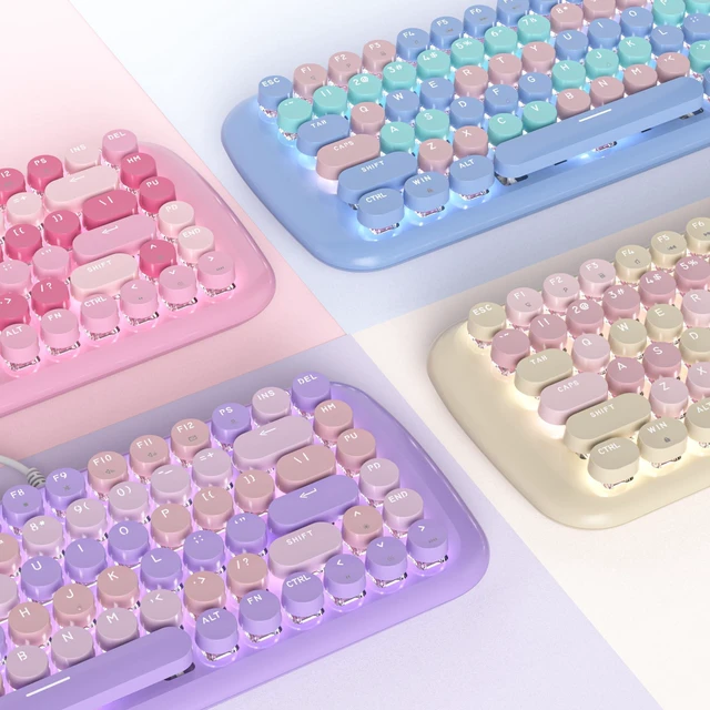 Alt view image 6 of 7 - iRoboosta Purple Creamy Mechanical Gaming Keyboard, Aesthetic Keyboard w/White Backlit, 84 Keys Cute Retro Typewriter Computer Keyboard Wired w/Pink Switch, Round Keycap for Windows/PC/PS5 (Purple)