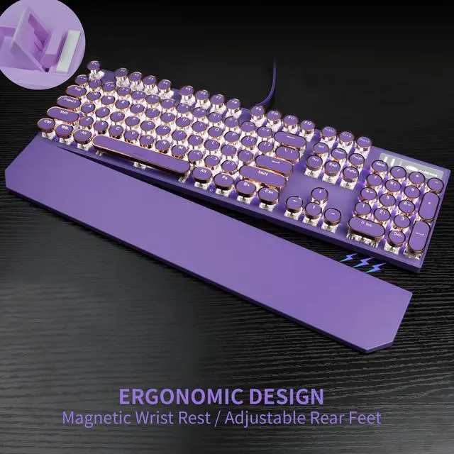 Alt view image 3 of 7 - Camiysn Typewriter Style Mechanical Gaming Keyboard, Purple Retro Punk Gaming Keyboard with White Backlit, 104 Keys Blue Switch Wired Cute Keyboards, Round Keycaps for Windows/Mac/PC