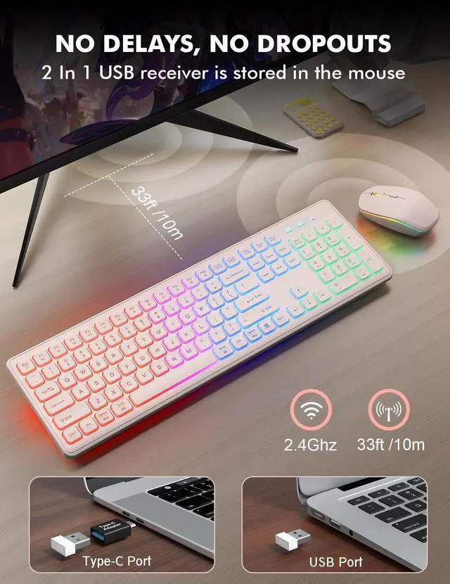 Alt view image 5 of 7 - Wireless Keyboard and Mouse Combo, RGB Backlit, Rechargeable & Light Up Letters, Full-Size, Soft Typing, Sleep Mode, 2.4GHz Quiet Keyboard Set for Mac, Windows, Laptop, PC, Trueque (Pink)