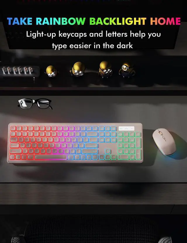 Alt view image 6 of 7 - Wireless Keyboard and Mouse Combo, RGB Backlit, Rechargeable & Light Up Letters, Full-Size, Soft Typing, Sleep Mode, 2.4GHz Quiet Keyboard Set for Mac, Windows, Laptop, PC, Trueque (Pink)