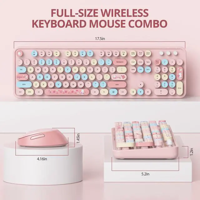 Alt view image 3 of 7 - Owpkeenthy Pink Keyboard and Mouse Wireless, Cute Colorful Typewriter Keyboard Full-Sized with Number Pad Round Keycaps for Desktop, Laptop and Computer(Coloful Pink)