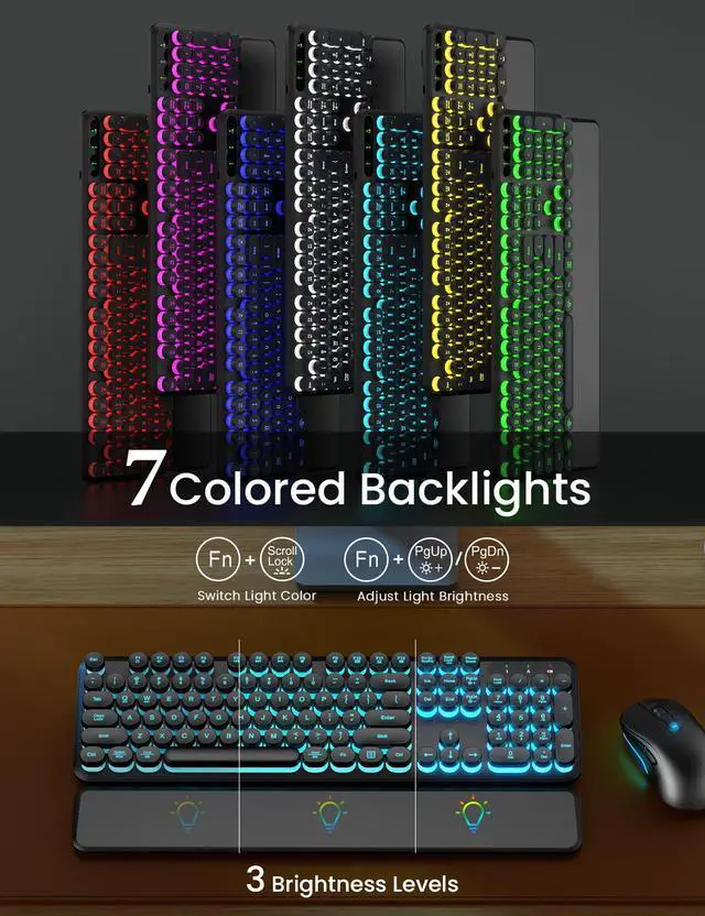 Alt view image 2 of 7 - Wireless Keyboard and Mouse Backlit - Typewriter Keyboard with Magnetic Wrist Rest, Retro Round Keycaps, Light Up Letters, 2.4GHz Cordless Combo for Mac, Windows, PC, Laptop, Trueque [Upgraded]