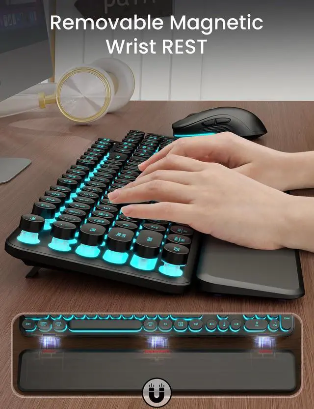 Alt view image 5 of 7 - Wireless Keyboard and Mouse Backlit - Typewriter Keyboard with Magnetic Wrist Rest, Retro Round Keycaps, Light Up Letters, 2.4GHz Cordless Combo for Mac, Windows, PC, Laptop, Trueque [Upgraded]