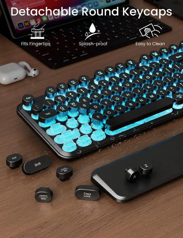 Alt view image 6 of 7 - Wireless Keyboard and Mouse Backlit - Typewriter Keyboard with Magnetic Wrist Rest, Retro Round Keycaps, Light Up Letters, 2.4GHz Cordless Combo for Mac, Windows, PC, Laptop, Trueque [Upgraded]