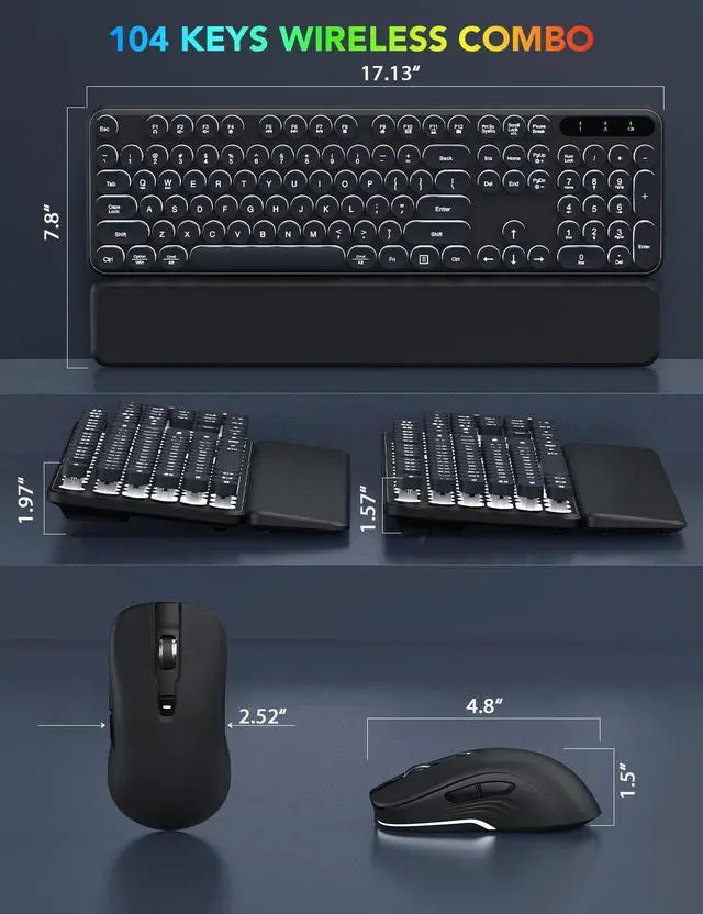 Alt view image 7 of 7 - Wireless Keyboard and Mouse Backlit - Typewriter Keyboard with Magnetic Wrist Rest, Retro Round Keycaps, Light Up Letters, 2.4GHz Cordless Combo for Mac, Windows, PC, Laptop, Trueque [Upgraded]