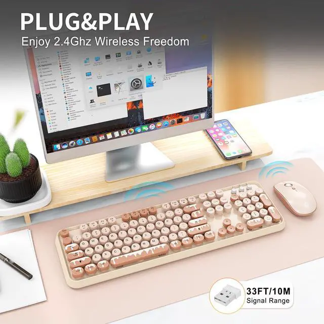 Alt view image 2 of 7 - Wireless Keyboard and Mouse Combo, 2.4 GHz Wireless Full-Sized Typewriter Keyboard with Round Keycaps for Windows, Computer, Desktop, PC, Laptop (Ice Cream)