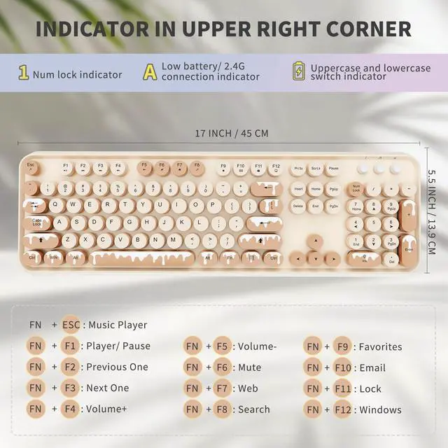 Alt view image 3 of 7 - Wireless Keyboard and Mouse Combo, 2.4 GHz Wireless Full-Sized Typewriter Keyboard with Round Keycaps for Windows, Computer, Desktop, PC, Laptop (Ice Cream)