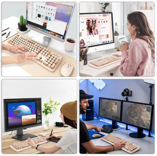 Alt view image 7 of 7 - Wireless Keyboard and Mouse Combo, 2.4 GHz Wireless Full-Sized Typewriter Keyboard with Round Keycaps for Windows, Computer, Desktop, PC, Laptop (Ice Cream)