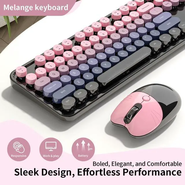 Alt view image 3 of 7 - Wireless Keyboard and Mouse, MOFII 104 Round Keycaps Retro Typewriter with OTG & Brush, Full-Size Ergonomic, Ideal for Windows PC, Home, Office and College Peach Pink
