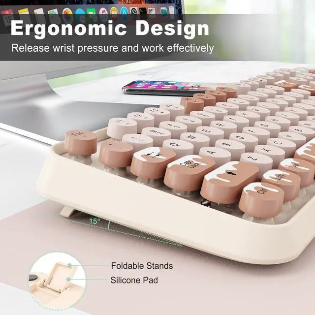 Alt view image 6 of 7 - Wireless Keyboard and Mouse Combo, 2.4 GHz Wireless Full-Sized Typewriter Keyboard with Round Keycaps for Windows, Computer, Desktop, PC, Laptop (Ice Cream)