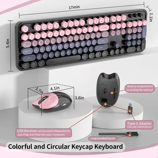 Alt view image 5 of 7 - Wireless Keyboard and Mouse, MOFII 104 Round Keycaps Retro Typewriter with OTG & Brush, Full-Size Ergonomic, Ideal for Windows PC, Home, Office and College Peach Pink