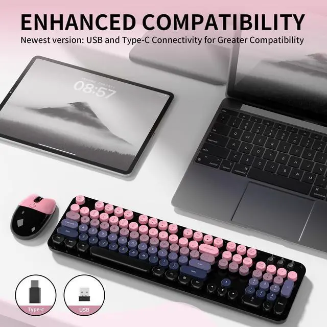Alt view image 7 of 7 - Wireless Keyboard and Mouse, MOFII 104 Round Keycaps Retro Typewriter with OTG & Brush, Full-Size Ergonomic, Ideal for Windows PC, Home, Office and College Peach Pink