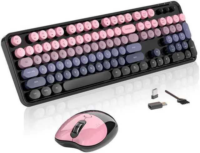 Main image of Wireless Keyboard and Mouse, MOFII 104 Round Keycaps Retro Typewriter with OTG & Brush, Full-Size Ergonomic, Ideal for Windows PC, Home, Office and College Peach Pink