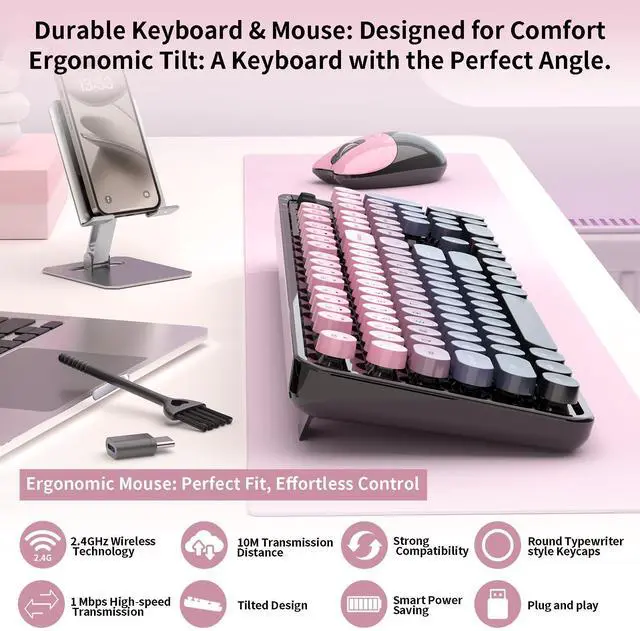 Alt view image 2 of 7 - Wireless Keyboard and Mouse, MOFII 104 Round Keycaps Retro Typewriter with OTG & Brush, Full-Size Ergonomic, Ideal for Windows PC, Home, Office and College Peach Pink