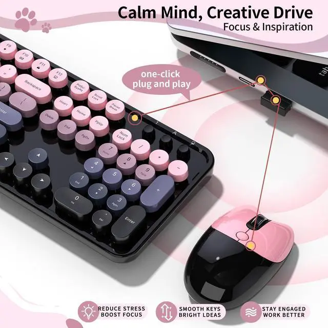 Alt view image 4 of 7 - Wireless Keyboard and Mouse, MOFII 104 Round Keycaps Retro Typewriter with OTG & Brush, Full-Size Ergonomic, Ideal for Windows PC, Home, Office and College Peach Pink