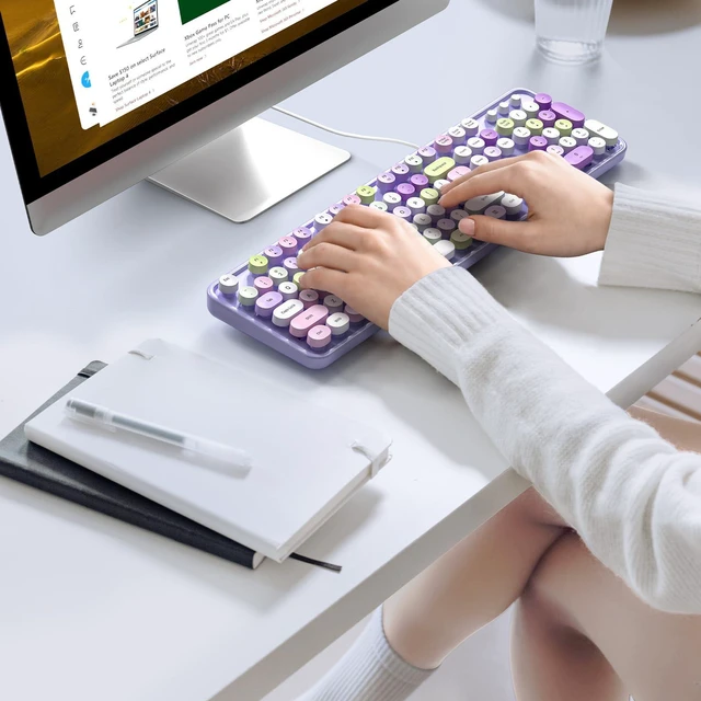 Alt view image 3 of 7 - KNOWSQT Wired Computer Keyboard - Purple Colorful Retro Full Size Round Keycaps Plug and Play Typewriter Cute Keyboards for Windows, Laptop, PC, Desktop, Computer